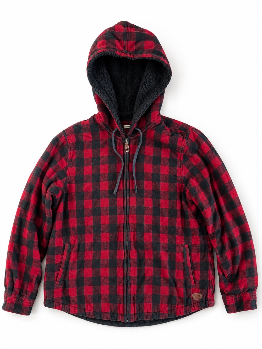 L.L. Bean Buffalo Plaid Sherpa Lined Hooded Flannel Jacket Red Black Size Large